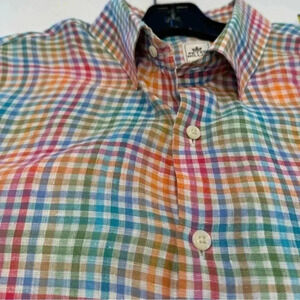 Peter Millar Men’s 100% LINEN Gingham Plaid Button Down Shirt Size Large